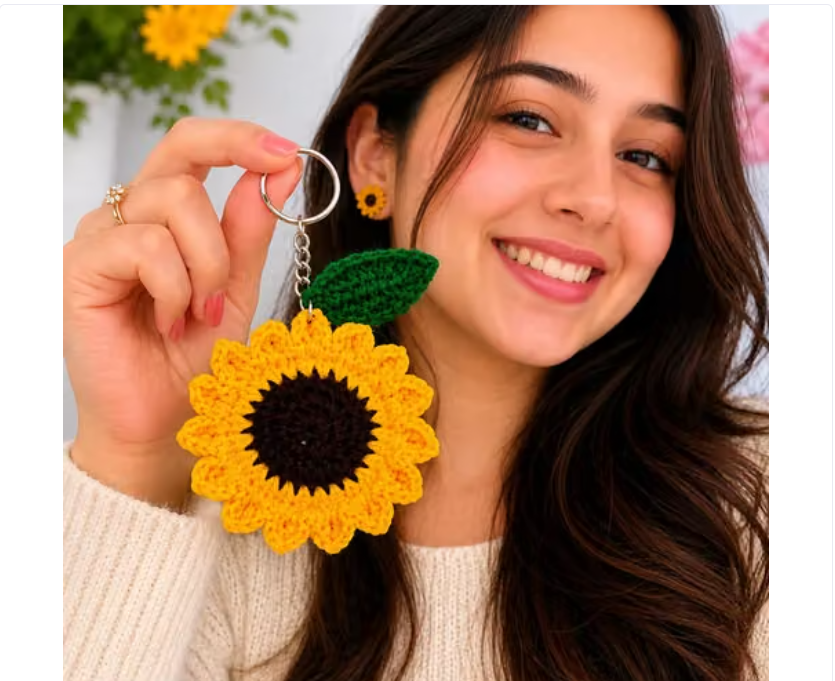 Handmade Crochet Sunflower Keychain for Girls | Cute Flower Bag Charm | Gift Item for Women