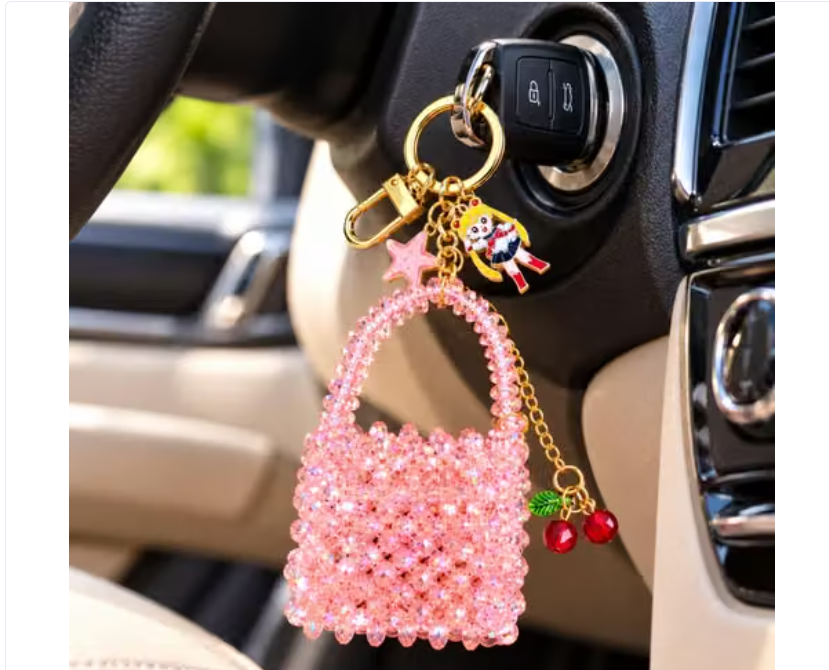 Stylish Pink Beaded Bag Pendant for Women Cute Purse Handbag Keychain Hanging Decoration