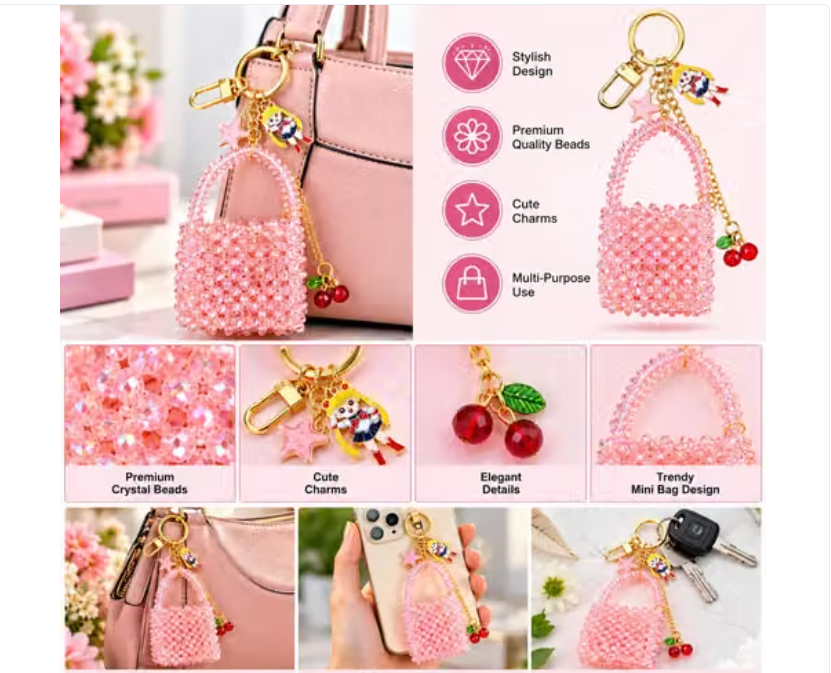Stylish Pink Beaded Bag Pendant for Women Cute Purse Handbag Keychain Hanging Decoration