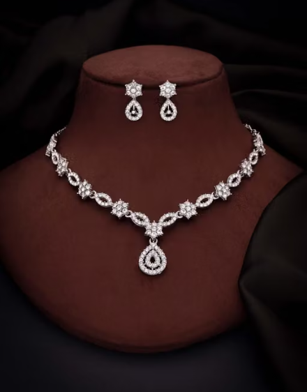 silver Plated Necklace Set With American Diamond