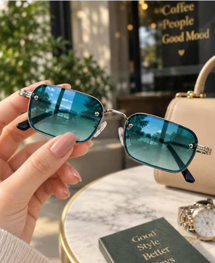 Premium Unisex Rectangular Teal Blue Gradient Sunglasses | Silver-Tone Metal Frame with Stylish Textured Temples | Modern Fashion Eyewear with Adjustable Nose Pads for Men & Women